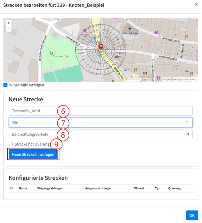 Abbildung 9: Benutzeroberfläche zum Konfigurieren der Strecken als einzelne Knotenarme eines Knotenpunktes