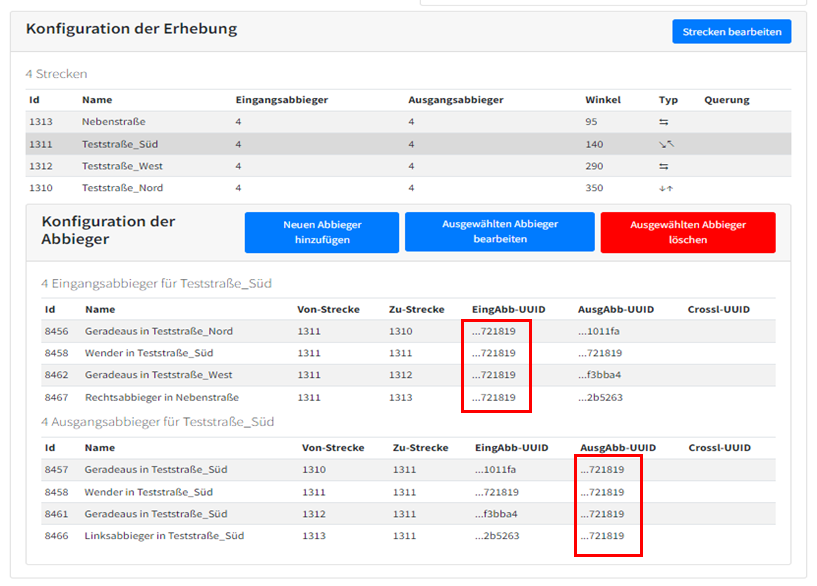 Abbildung 13: Ergebnis einer erfolgreichen Konfiguration der Fahrbeziehungen einer Erhebung im Bernard Data Center