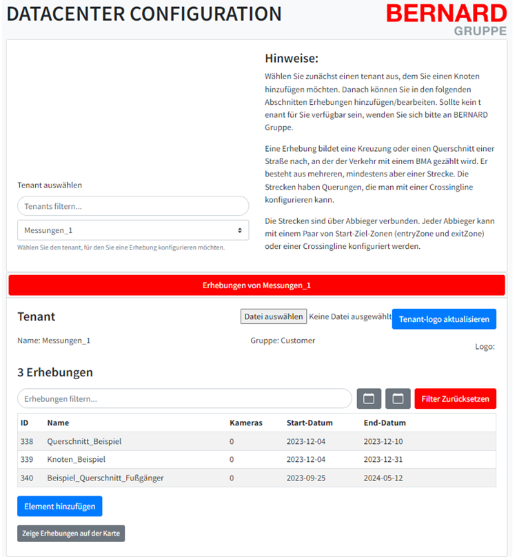 Abbildung 2: Data Center Auflistung der Erhebungen im entsprechenden Tenant