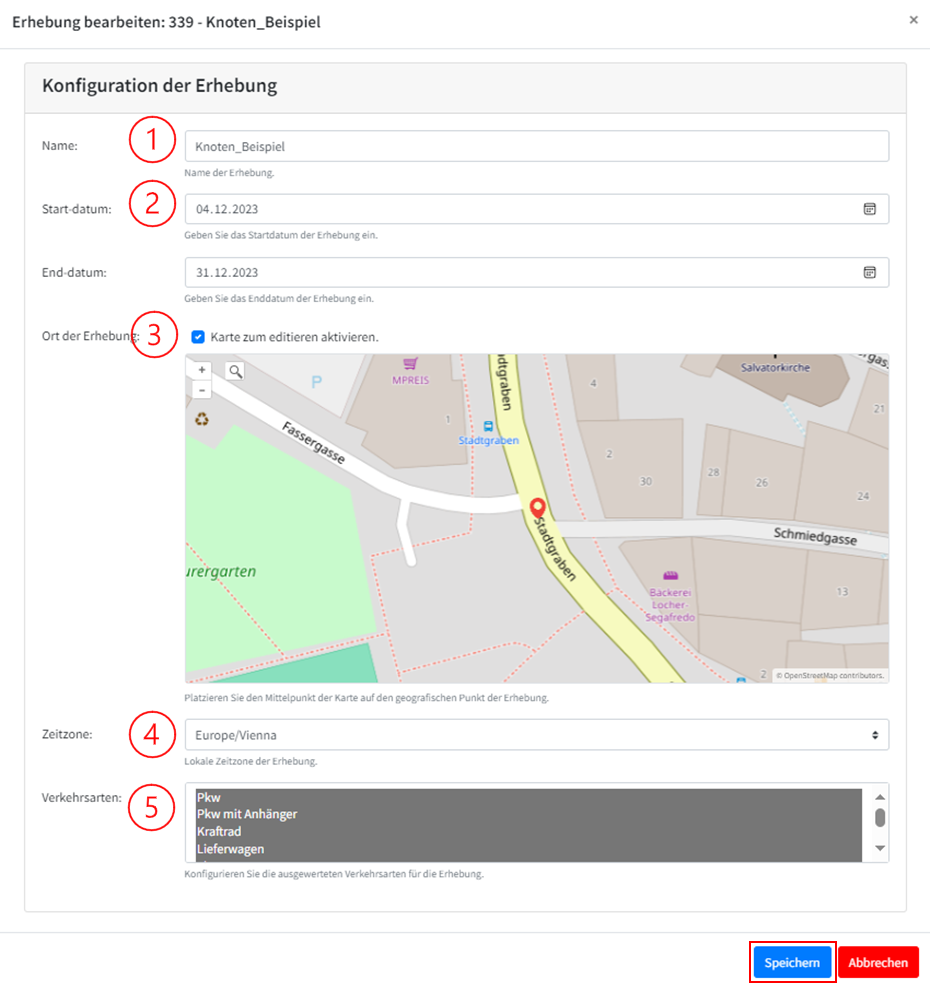 Abbildung 5: Konfigurationsoberfläche einer ausgewählten Erhebung im Bernard Data Center für die Bestimmung der Eckdaten