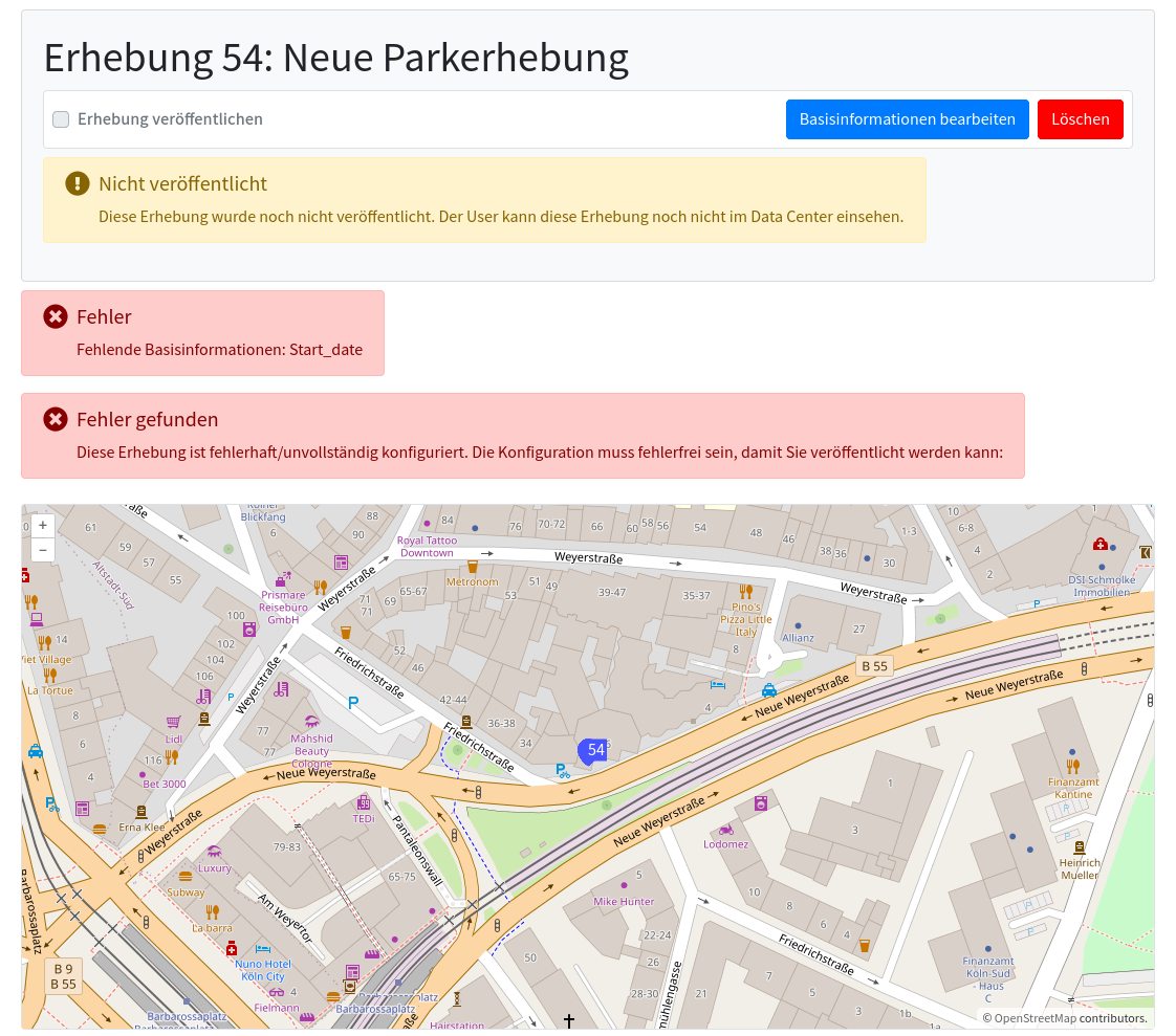 Abbildung: Bearbeitungsoberfläche einer ausgewählten Erhebung im Data Center