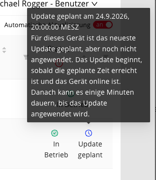 Tooltip zum geplanten Update mit dem vorgesehenen Zeitpunkt